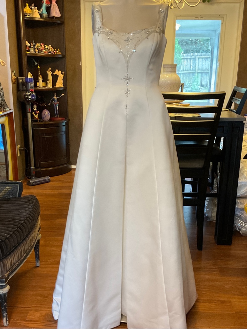 Elegant White Satin A-Line Wedding Gown with Beaded Illusion Neckline